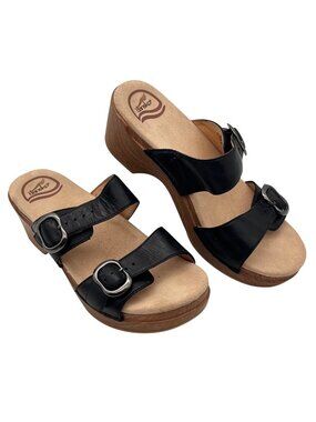 Dansko Black Leather Wedge Sandals Adjustable Buckle Straps Womens Size 6.5 EU37